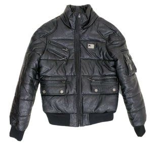 Black Faux Leather Puffer Jacket Mens Size Medium 